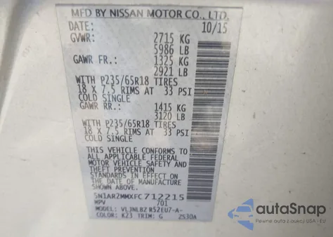 2015 Nissan Pathfinder S из США, поврежденный, VIN 5N1AR2MMXFC712215